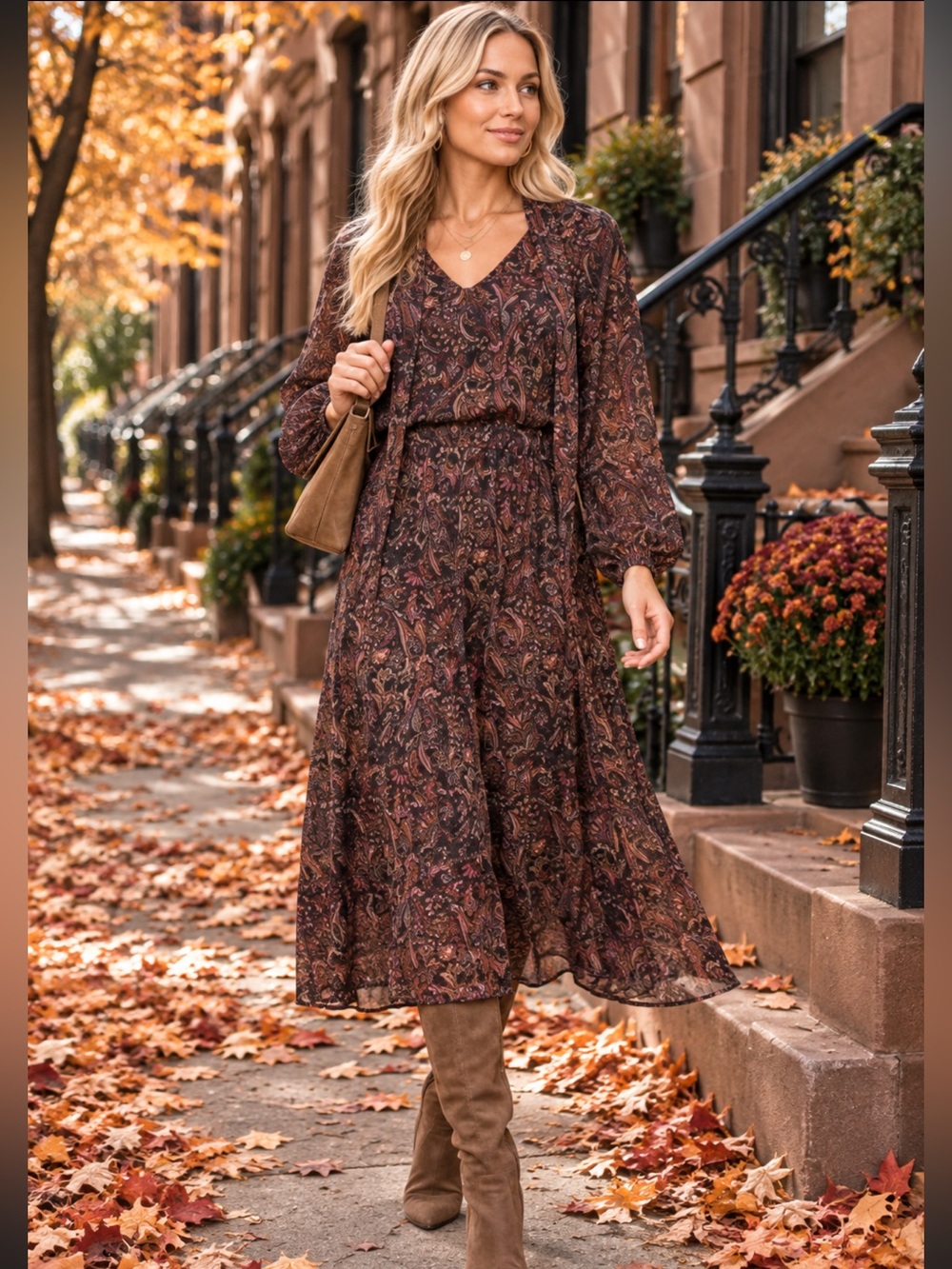 Evereve Eliza puff sleeve tie neck midi Dress